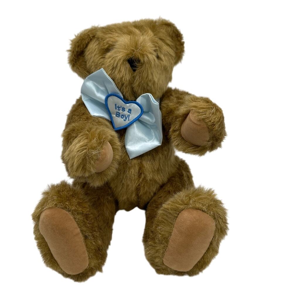 Vermont Teddy Bear Jointed 15" It's a Boy! Bow Tie Bear Plush Handmade Baby Gift